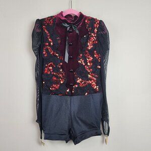 Weissman dance unitard sz MC black red sequin sheer mesh sleeves